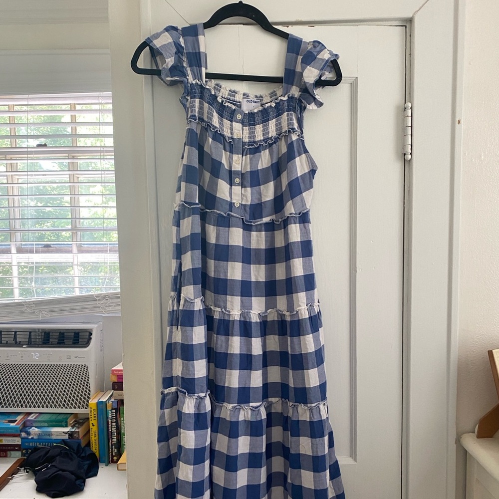 Blue and White Gingham Button Down Tiered Midi Dress